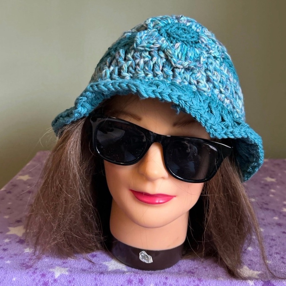 Handmade cotton teal Crochet Bucket Hat for Women medium